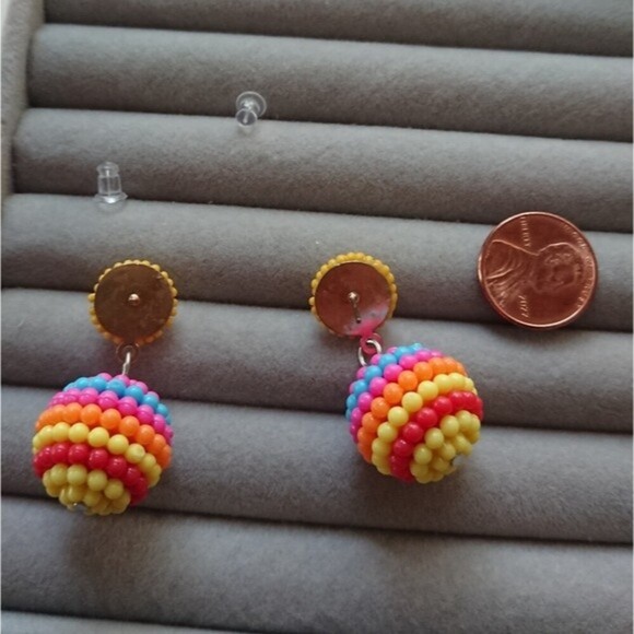 Seed Beaded Ball Drop Earrings - yellow/pink/yellowcolor combo - Picture 3 of 5